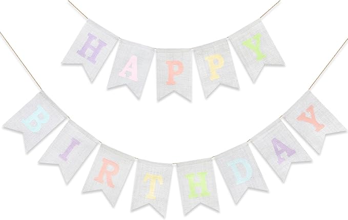 Happy Birthday Banner - Pre‑Strung Burlap Birthday Decorations and Reusable Birthday Sign for Men, Women & Kids | Party Supplies Backdrop (Macaron)