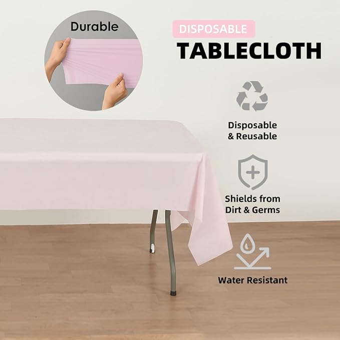 Craft And Party 12-Pack Light Pink Plastic Tablecloths – 54 x 108 Inch Disposable Table Covers for Rectangle Tables, Heavy Duty & Waterproof for Parties, Events, Banquets, Light Pink