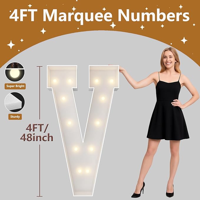 4FT Marquee Light Up Letters, Large Marquee Letters, Pre-cut Foam Board Letter V for Engagement Wedding Decorations Birthday Party Backdrop Decor, Balloon Arch Kit