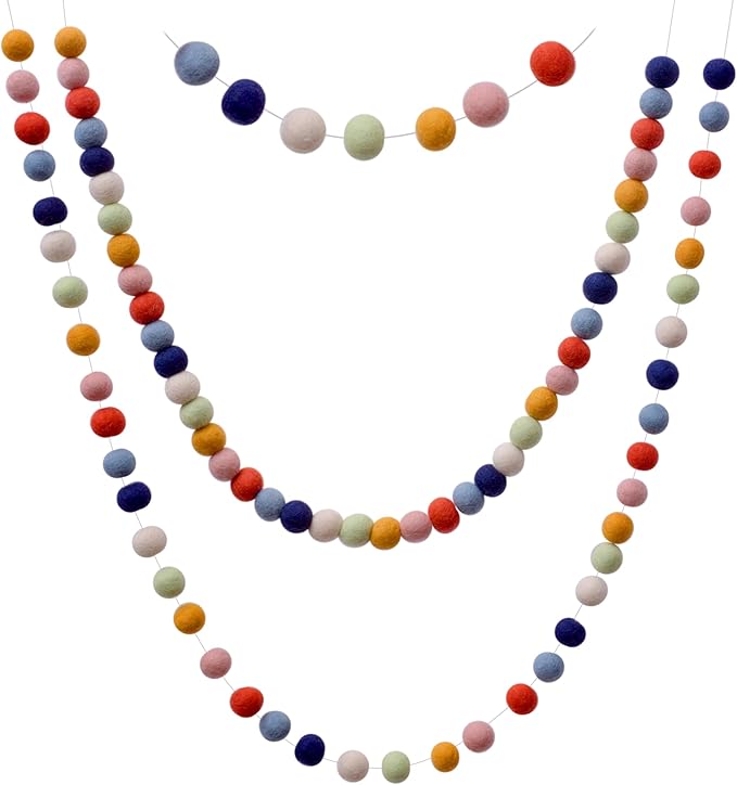 Glaciart One Felt Ball Garland (2-Pack) Pom Pom Garland - 8 Feet, 40 Balls, 7 Gender Neutral Colors, Nursery Decor, Bunting, Birthday Party Decorations, Easter, Photo Prop