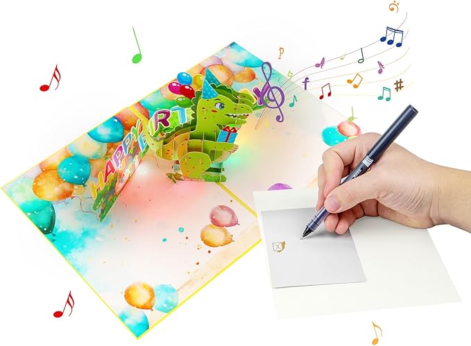 Cartoon Dinosaur Music Playing Pop Up Happy Birthday Greeting Card with LED Light, Love Gift for Adult and Kid with Blank Note & Envelope, Celebration for Daughter, Son, Mom, Dad