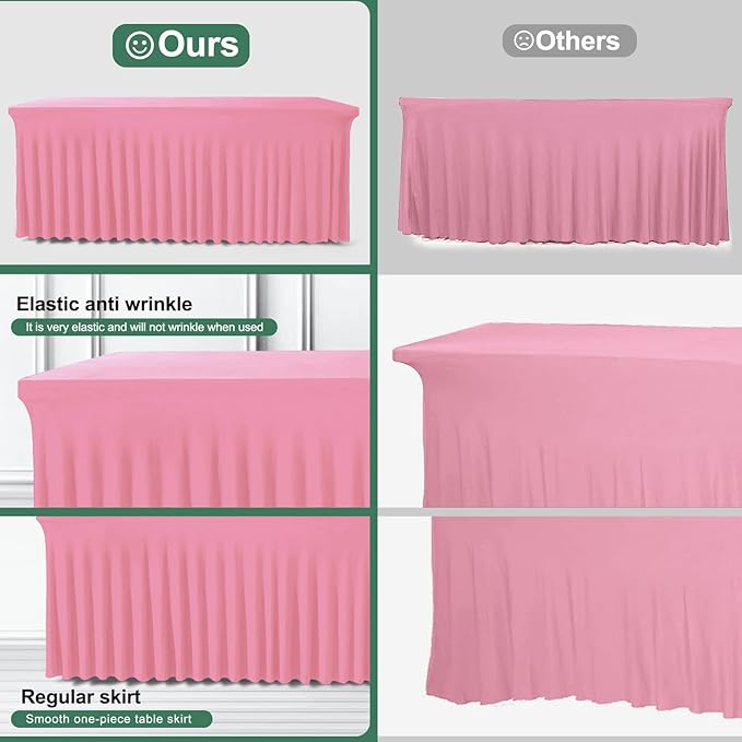 Table Skirts for Rectangle Tables 6ft - One-Piece Pink Tablecloths and Skirt, Wrinkle Resistant Ruffles Elastic Cover for Banquets, Weddings, Events, Parties