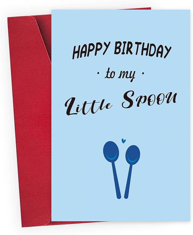 "Little Spoou Funny Birthday Card for Boyfriend/Girlfriend - Humorous Couple Spoon Design with Inside Joke Message, 8 * 5.3 Inch Premium Blue Watercolor Card Girlf for Fiancé/Husband/Wife