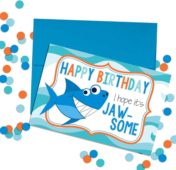 JAW-SOME Day Shark Themed Birthday Pun Themed Single (1) All Occasion Blank Birthday Card To Send To Friends & Family, 4"x 6" (when folded) Fill In Greeting Note Card by AmandaCreation