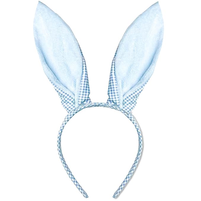 Blue Bunny Ears Headband, Cute Blue Plaid Easter Bunny Ears Headband for Easter Accessories for Women