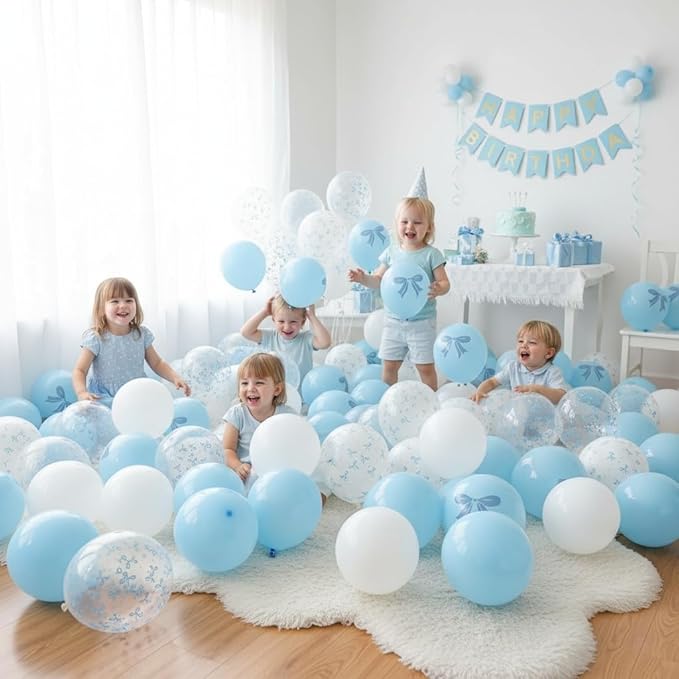 Blue and White Balloons Set, 12 Inch Light Baby Blue White Clear Bow Latex Balloon for Wedding Bridal Engagement Bachelorette Baby Boy Shower Winter Princess Birthday Theme Party Decorations Supplies