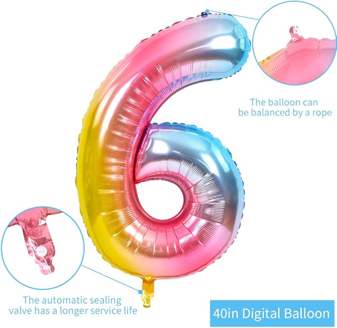 TONIFUL 40 Inch Rainbow Large Numbers Balloons 0-9, Number 6 Digital 6 Helium Balloons, Foil Mylar Big Number Balloons for Birthday Party Anniversary Supplies Decorations