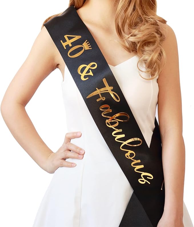 40th Birthday Sash for Women and Men 40&Fabulous Sash Black with Gold Foil Lettering