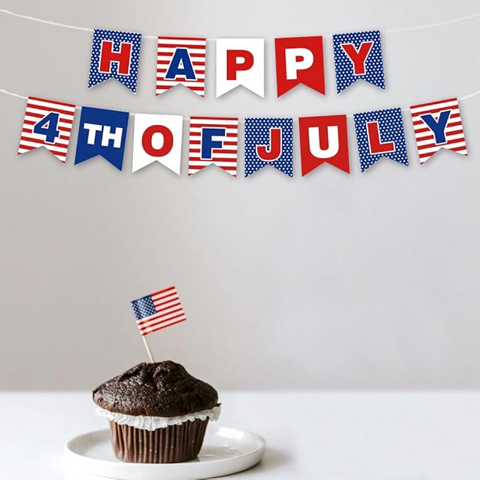 Happy 4th of July Banner for Independence Day Party Decor Red White and Blue Fourth of July Patriotic Party Celebrations Supplies for Memorial Day Durable Polyester Yard Decoration Banner