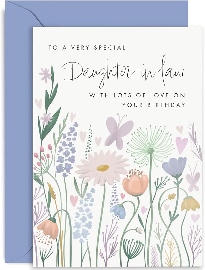 Old English Co. Birthday Card For Daughter-In-Law - Butterfly Hearts Flower Birthday Card for Her - Cute Birthday Card from Mother-in-law Father-in-law - Birthday Card | Blank Inside with Envelope