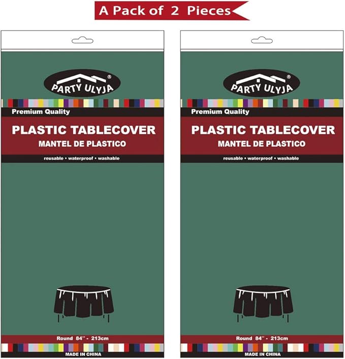 Dark Green PEVA Tablecloths 2 Pack - 84 Inch Circle, 6 ft Round - Disposable Table Covers for BBQ, Birthday, Wedding Parties - Hunter Green, Forest Green