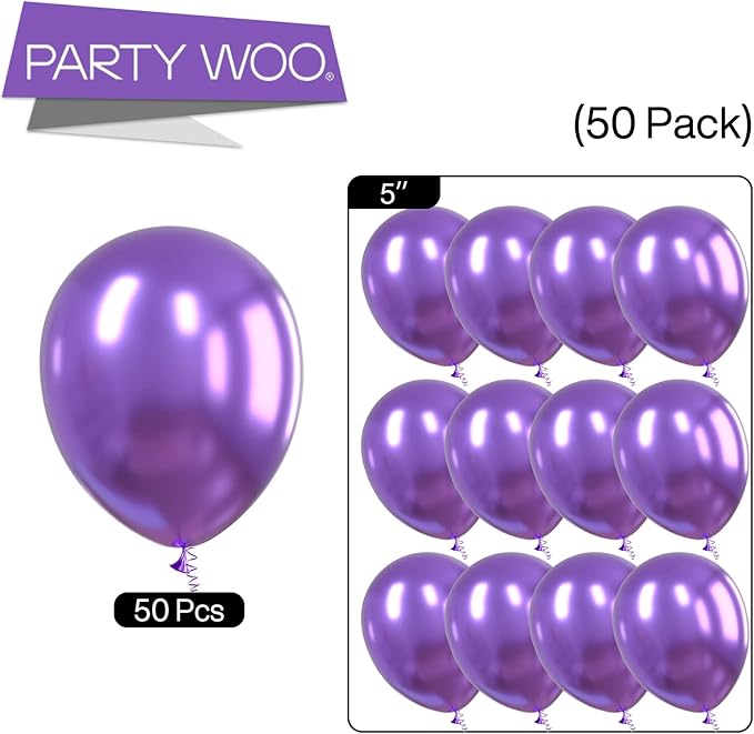 PartyWoo Metallic Purple Balloons 50 pcs 5 Inch Small Mini Chrome Purple Latex Balloons for Mardi Gras Graduation Wedding Baby Shower Anniversary Birthday Party Decorations Purple-G105