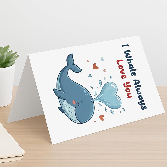 KINGNAME Cute Whale Pun Love Card for Wife Husband Partner, I Whale Always Love You, Romantic Anniversary Valentine's Day Greeting Card for Him Her