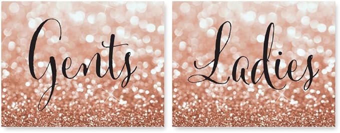 Andaz Press Wedding Party Signs, Glitzy Rose Gold Glitter, 8.5x11-inch, Ladies, Gents Bathroom Restroom Signs, 2-Pack, Bokeh Colored Party Supplies