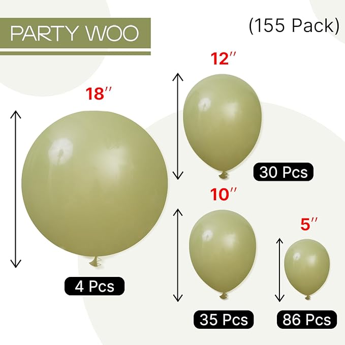 PartyWoo Sage Green Balloons 155pcs Different Sizes of 18 12 10 5 Inch Olive Boho Green Latex Balloon Arch Kit for Wedding Birthday Dinosaur Jungle Golf Football Theme Party Decorations Green-F11