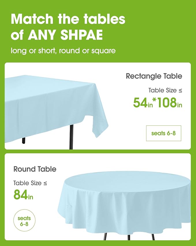 Pureegg Plastic Table Cloth Disposable 6 Pack, 54 x 108 Inch Table Cloths, Easter Party, Picnic, Wedding, Decorative Tablecloths, Rectangle, Baby Blue Plastic Cover, Waterproof, Light Blue