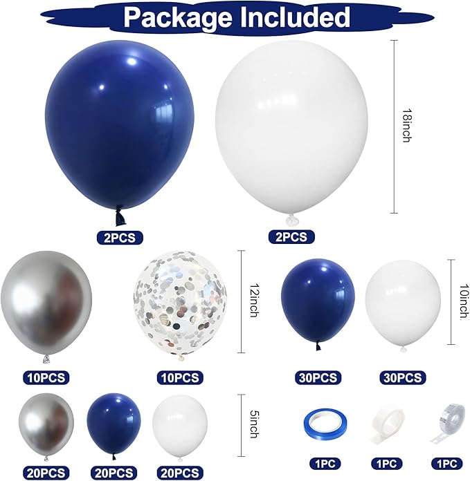 144PCS Navy Blue Silver Balloons Garland Kit, 18 12 10 5 inch Blue White Balloons and Silver Confetti Balloon Garland, Navy White Balloon for Graduation Birthday Baby Shower Wedding Party