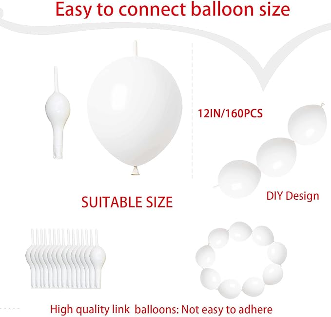 Link Balloons White 12 Inch Latex Quick Linkale Balloon 160 Pcs for Birthday, Halloween, Christmas, Party Festival Decorations