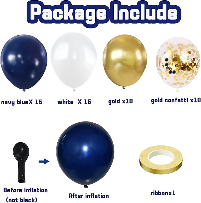 Navy Blue Gold Confetti Balloons Set,50pcs 12inch Royal Dark Blue Metallic Gold White Latex Balloons with Ribbon for Birthday Wedding Graduation Bridal Shower Party Decorations
