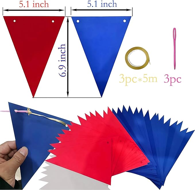Red White and Blue Pennant Banner 3 Pack Paper Triangle Flag Hanging Decoration for Wedding Birthday Baby Shower Halloween Family Party（36pcs Triangle Flag）