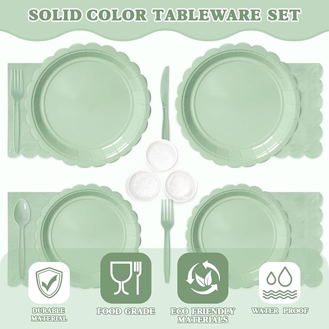 Vyntra 350 Pcs Sage Green Birthday Paper Plates and Napkins Set for 50 Guests, Disposable Party Supplies