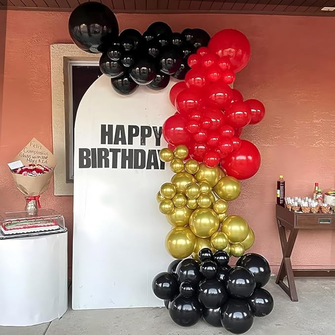 200 Pcs Black Red and Gold balloons 12 Inch Latex Metallic Chrome Balloon Arch Garland Kit for Birthday Wedding Bridal Baby Shower Supplies Graduation Party Decoration