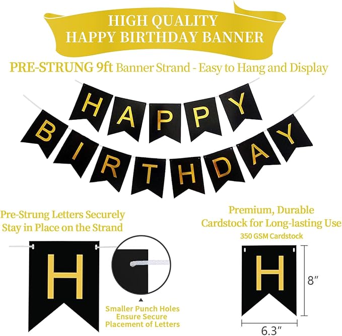 Gold and Black Birthday Decorations,Black and Gold Happy Birthday Banner,Gold Happy Birthday Decorations for Men,Women,Boys and Girls