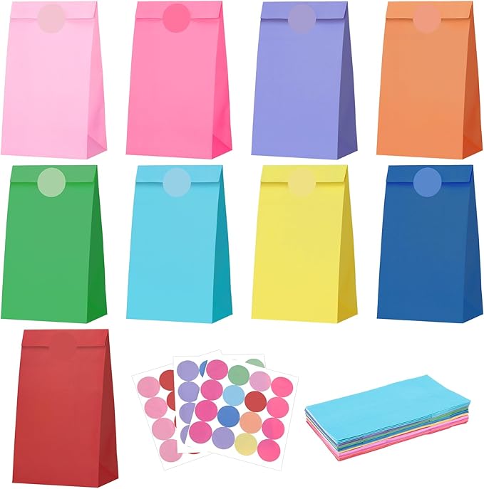 woric 36PCS Colorful Party Favor Bags with Stickers, 9 Colors Small Gift Bags Self Stand Rainbow Goodie Bag for Kids, Baby Shower, Wedding Birthday Party Favor Supplies