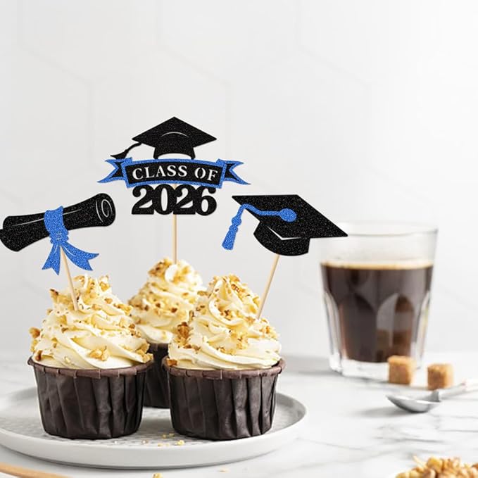 2026 Graduation Cupcake Toppers, 36 pack Blue Glitter Class of 2026 Congrats Grad Diploma Grad Cap Cupcake Picks for 2026 Graduation Party decorating Supplies