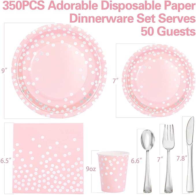 350PCS Pink Plates and Napkins Party Supplies,Pink Party Plates with Silver Polka Dot Serve 50 Guests,Bridal Shower Plates with Silver Plastic Cutlery for Engagement Wedding Decorations