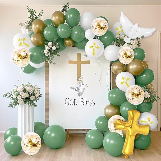 132Pcs First Holy Communion Green Balloon Garland Arch Kit God Bless Baptism Decoration Christian Religious Decor Cross Dove Balloon Girl Mi Bautizo Christening Birthday Baby Shower Party Supplie
