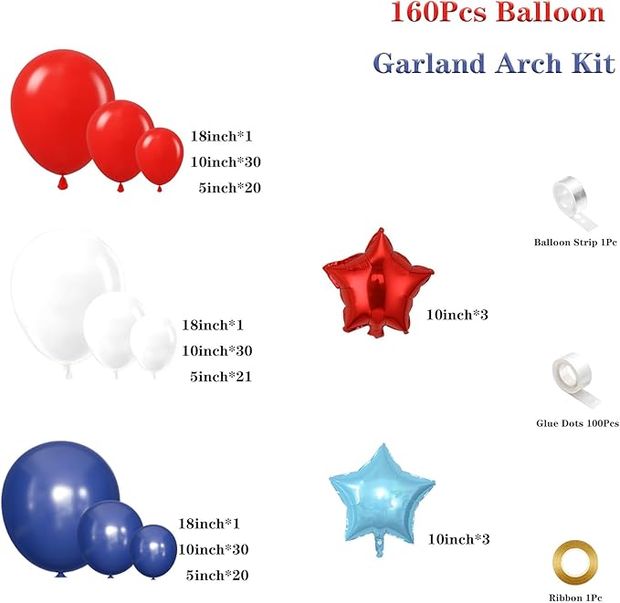 Red White Blue Balloon Garland Arch Kit 160Pcs Red White Blue Latex Balloons with Star Foil Balloons for 4th of July Nautical Patriotic Baseball Birthday Party Decorations