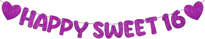 Fulmoon Pre Strung Happy Sweet 16 Banner Glitter Sixteenth Birthday Party Decorations 16th Party Sign Sweet 16 Party Decorations for Birthday Party Bachelorette Party(Dark Purple)