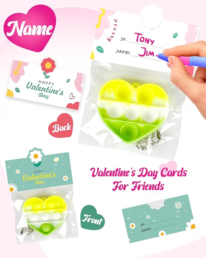32 Pack Valentine's Day Heart-Shaped Pop Fidget Toys for Kids, Classroom Bulk Gifts with Keychains & Cards, Perfect for School Party & Class Exchanges