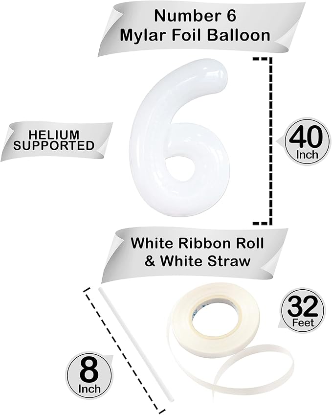 KatchOn, Giant White Number 6 Balloon - 40 Inch | 6th Birthday balloon for 6th Birthday Decorations | Six balloon Number | 6 Year Old Balloons for 6 Year Decorations