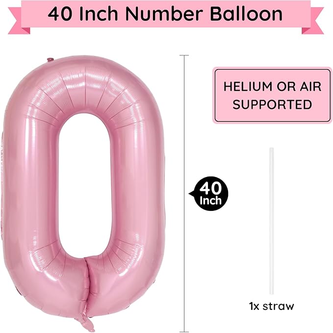 40 Inch Pink Number Balloon 0, Large Number Foil Mylar Balloons for Birthday Party Celebration Decorations Supplies, Digital Balloons for Wedding Anniversary Events Decorations