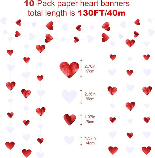 10 Pack 130ft Burgundy-red White Heart Party Garland Asymmetrical Love Hanging Banners for Birthday Wedding Decorations Mothers Day Bachelorette Bridal Shower Engagement