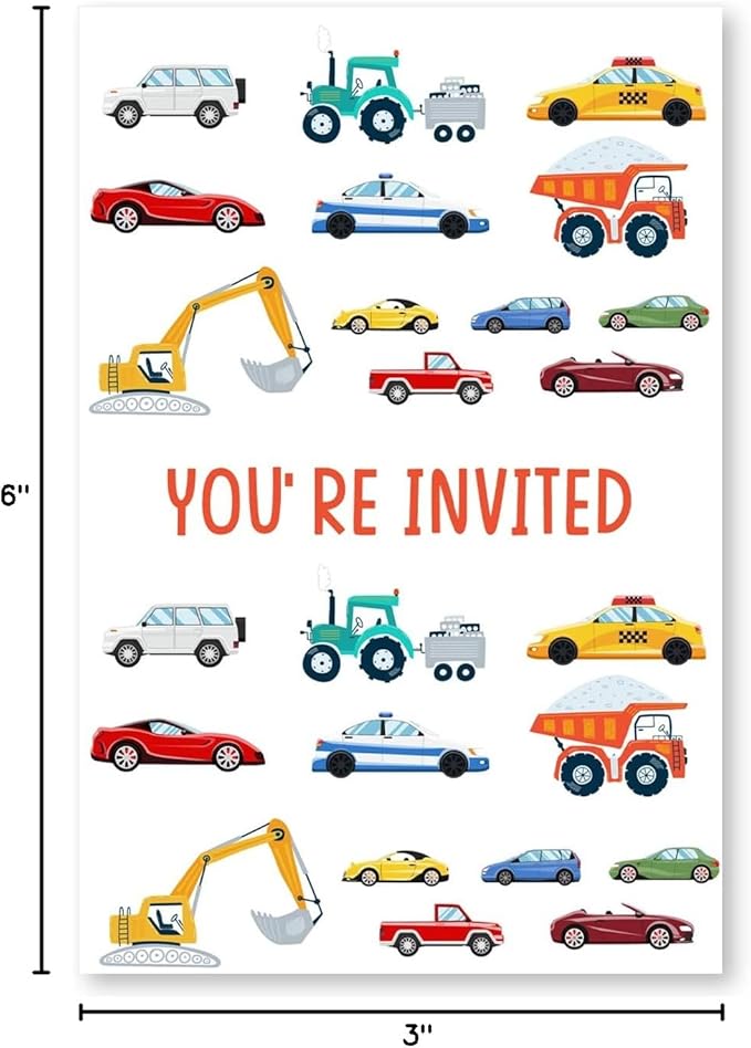 Soiceu Cute Transportation Birthday Invitations with Envelopes Set of 20 Cars Truck Vehicle Birthday Party Invites for Boys Girls
