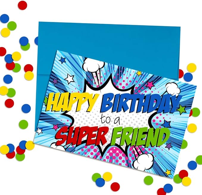 Super Friend Super Hero Themed Birthday Pun Themed Single (1) All Occasion Blank Birthday Card To Send To Friends & Family, 4"x 6" (when folded) Fill In Greeting Note Card by AmandaCreation