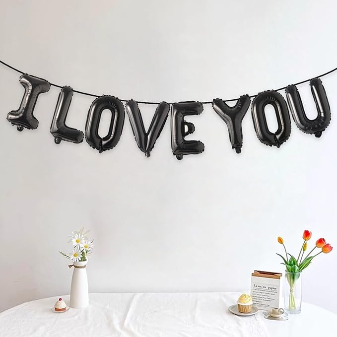 2 Set 16Pcs Black I LOVE YOU Letter Balloons 16in Balloon Foil Letter Decorations Party Decor Black Letter Balloons I LOVE YOU Party Supplies