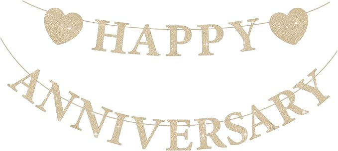 Pre-Strung Wedding Anniversary Decorations Romantic, Gold Glitter Happy Anniversary Banner, Couples Shower Decorations for Happy Wedding Reception Day Bridal Shower Party
