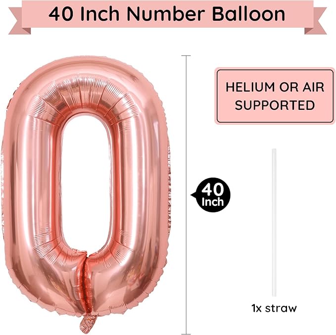 40 Inch Rose Gold Number Balloon 0, Large Number Foil Mylar Balloons for Birthday Party Celebration Decorations Supplies, Digital Balloons for Wedding Anniversary Events Decorations