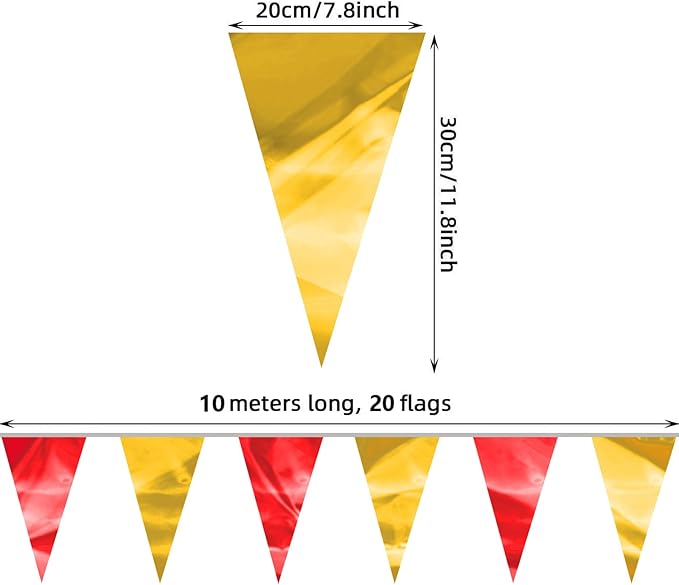 32.8FT Red Gold Glitter Triangle Pennant Banner Flag Metallic Bunting Outdoor Garland for Christmas Graduation Anniversary Birthday Engagement Wedding Anniversary Casino Party Decorations Decor