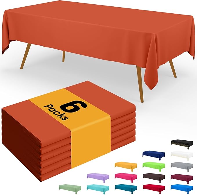 Smiry Disposable Table Cloth - 6 Pack, 54 x 108 Inch Waterproof Rectangle Tablecloths for Parties, Decorative Plastic Table Cover, Leakproof & Sturdy, Burnt Orange