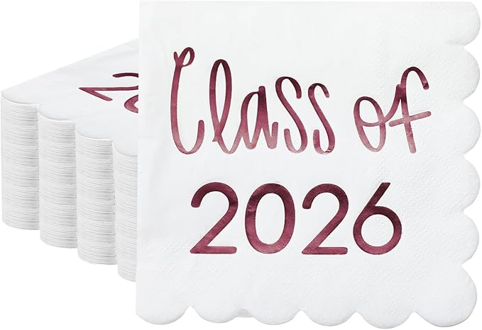 100 Pcs Class of 2026 Graduation Cocktail Napkins 5 x 5 Inch Congrats Grad Scalloped Paper Napkins for Dinner Beverage Graduate Decorations(Dark Red)