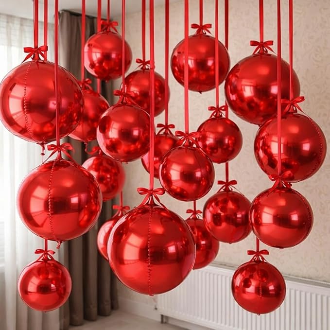 12PCS Red Round Foil Balloons, 22" 15" 10" Large 4D Ball Balloons Metallic Red Mirror Sphere Balloon for Graduation Christmas Valentines Day Wedding Birthday Party Ceiling Decorations