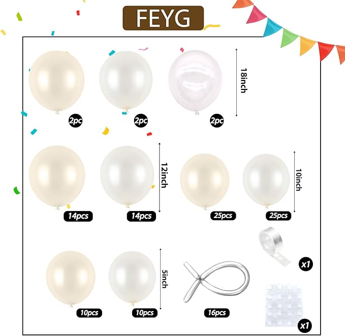 Pearl White Balloon Garland Arch Kit, Pearl Sand White and Pearl White Latex Balloons Long Balloons with Different Sizes for Wedding Engagement Bridal Shower Birthday Baby Shower Party Decoration