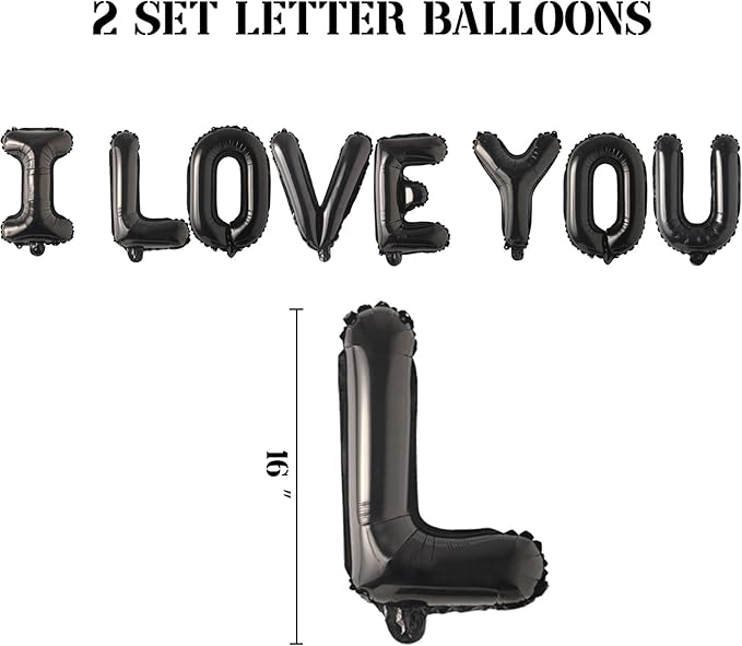 2 Set 16Pcs Black I LOVE YOU Letter Balloons 16in Balloon Foil Letter Decorations Party Decor Black Letter Balloons I LOVE YOU Party Supplies