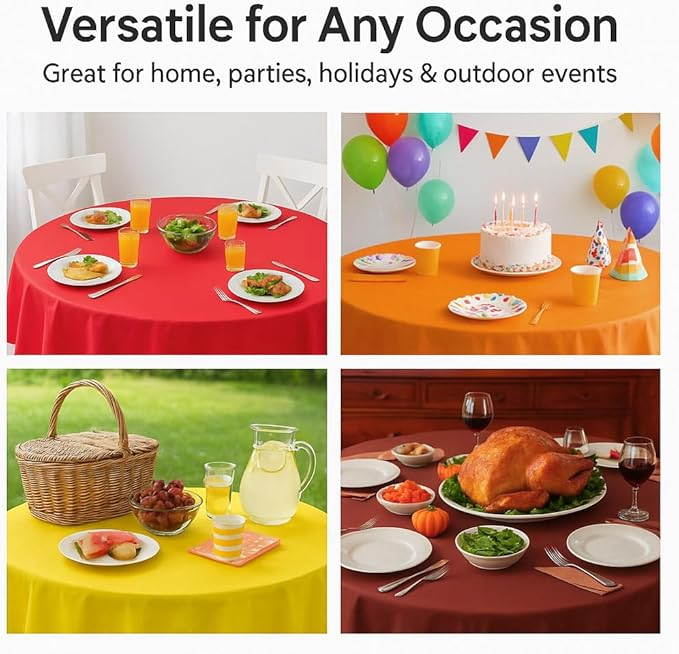 12 Pack Fall Plastic Round Tablecloths–84 Inch Disposable Autumn Table Covers in 4 Colors (Red,Orange,Yellow,Brown),Thanksgiving Harvest Party Decorations for Home Events