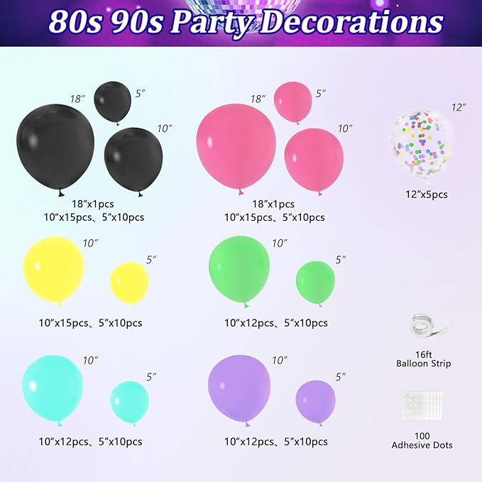JOGAMS 80s 90s Party Decorations 165Pcs Balloons with Retro Inflatable Guitar Microphone Glasses Music Note Disco Ball Balloons for Back to 90s 80s Hip Hop Rock Theme Birthday Prom Party